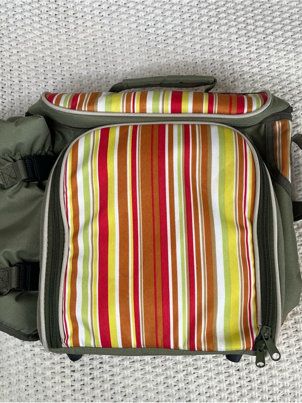 Picnic & Wine Cooler Tote Olive Green/Multicolor Stripe Front Pocket Utensils